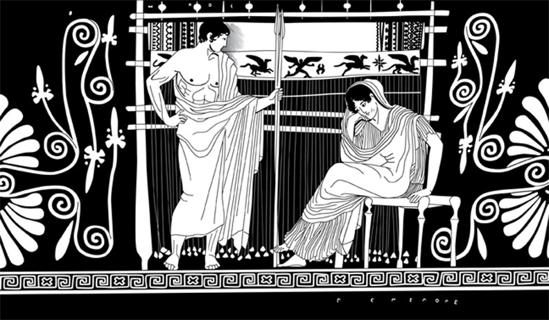 Telemachos and Penelope at her loom. Skyphos (450 -400 BCE)