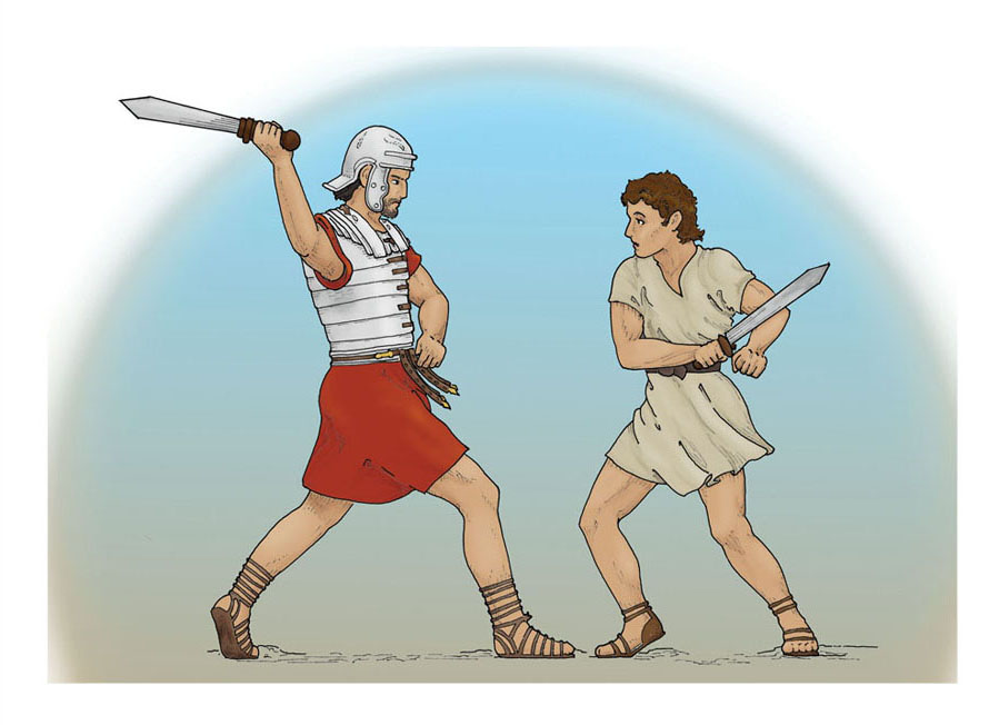 A Roman soldier and a local youth in combat.